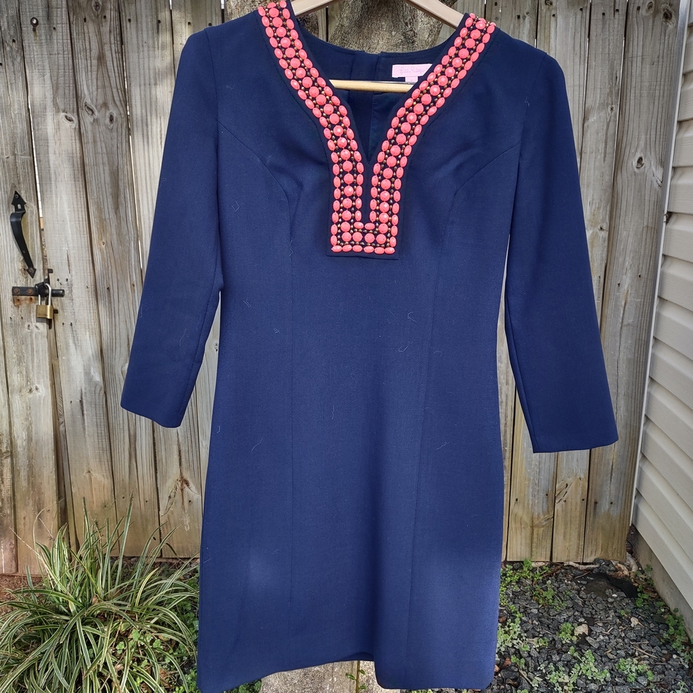 Lilly Pulitzer Navy Dress with Coral Embellishments - Picture 6 of 11